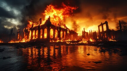 Naklejka premium This striking image captures burning ruins silhouetted against a twilight sky, with flames erupting, creating a story of destruction that resonates with emotions of loss and despair.