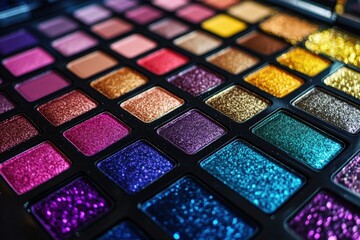Vibrant array of colorful eyeshadow shades displayed on a makeup palette with shimmering textures in a beauty setting