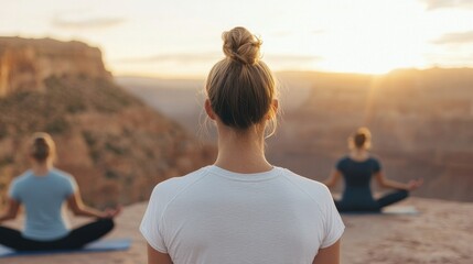 Fototapeta premium Serenity in Nature: Yoga at Sunset with Three Practitioners
