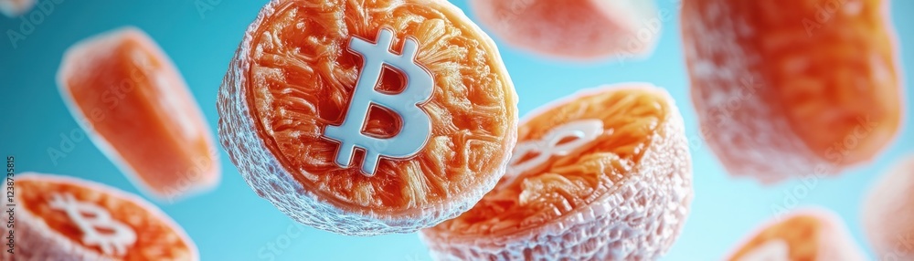 Poster abstract bitcoin cryptocurrency concept in 3d render with orange textured circular coins and light b