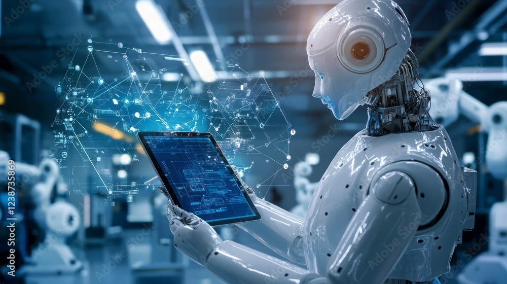 Poster In a cutting-edge research facility, a sleek humanoid robot interacts with a digital display, analyzing intricate data while surrounded by other robotic systems, showcasing innovation and technology