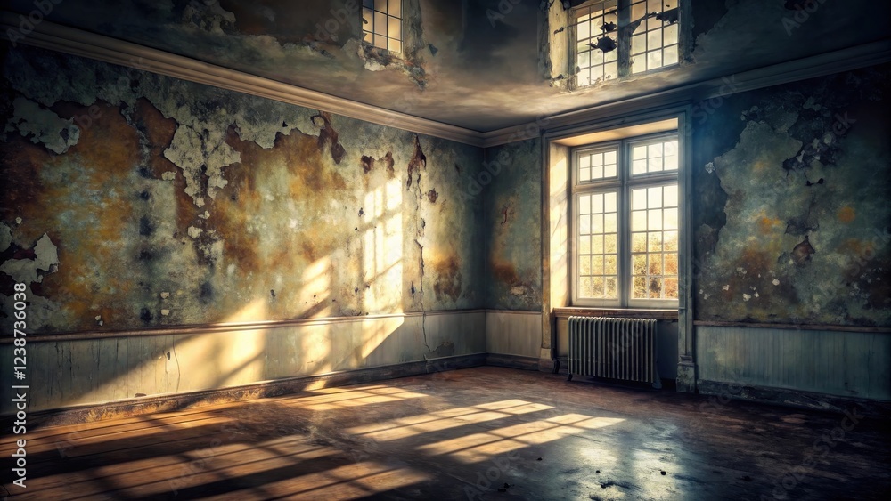 Poster sunlit room in a derelict building with peeling walls and a large window