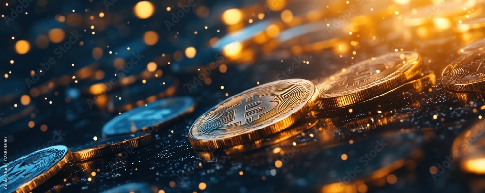 Poster abstract digital currency coins floating in a dark space with golden bokeh lights, representing fina