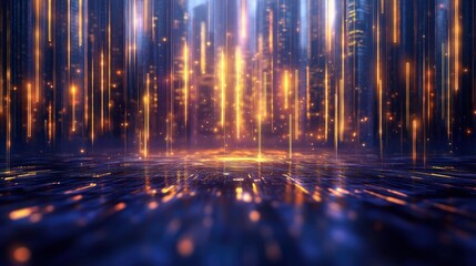 Abstract digital background featuring glowing golden lines falling vertically on a dark textured surface, creating a dynamic and futuristic visual Ideal for technology, design and motion graphics