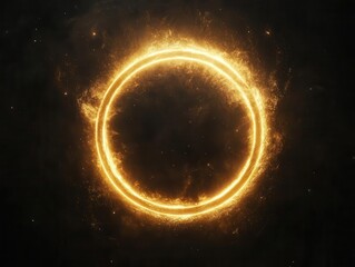 Naklejka premium ethereal golden light rings forming cosmic mandala pattern against infinite black void, mystical atmosphere