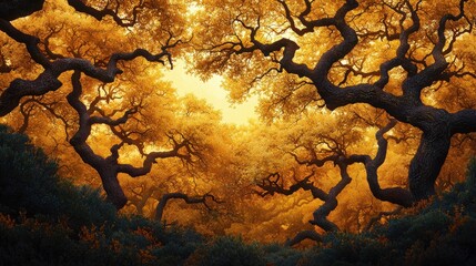 Serene Autumn Grove with Twisted Branches and Golden Leaves
