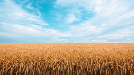 Fototapeta premium Expansive Wheat Field Under Clear Blue Sky with Soft Clouds Above
