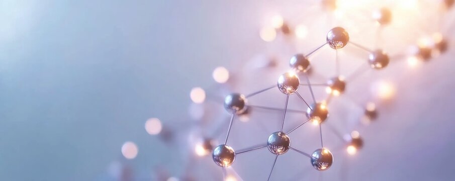 Abstract network connection background, a complex interconnected structure with metallic spheres and glowing lights A futuristic design depicting data flow and technological advancements Ideal for