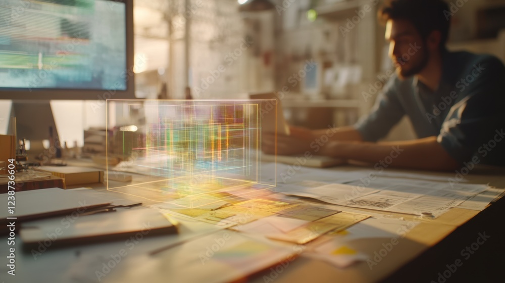 Aufkleber architect is working at his desk using a holographic projection of a building, showcasing innovative