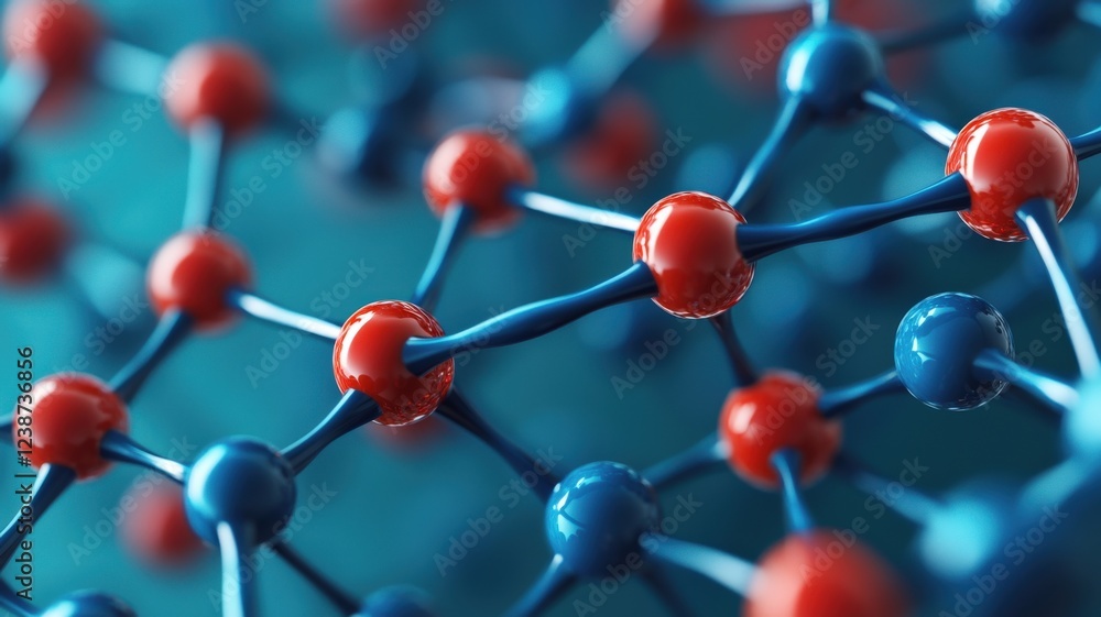 Poster material science nano concept. molecular structure with red and blue atoms interconnected.