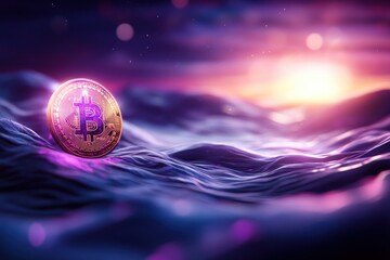 A captivating digital art piece showcasing a golden Bitcoin coin resting upon stylized purple ocean waves against a beautiful sunset, symbolizing the volatile yet promising nature of cryptocurrency