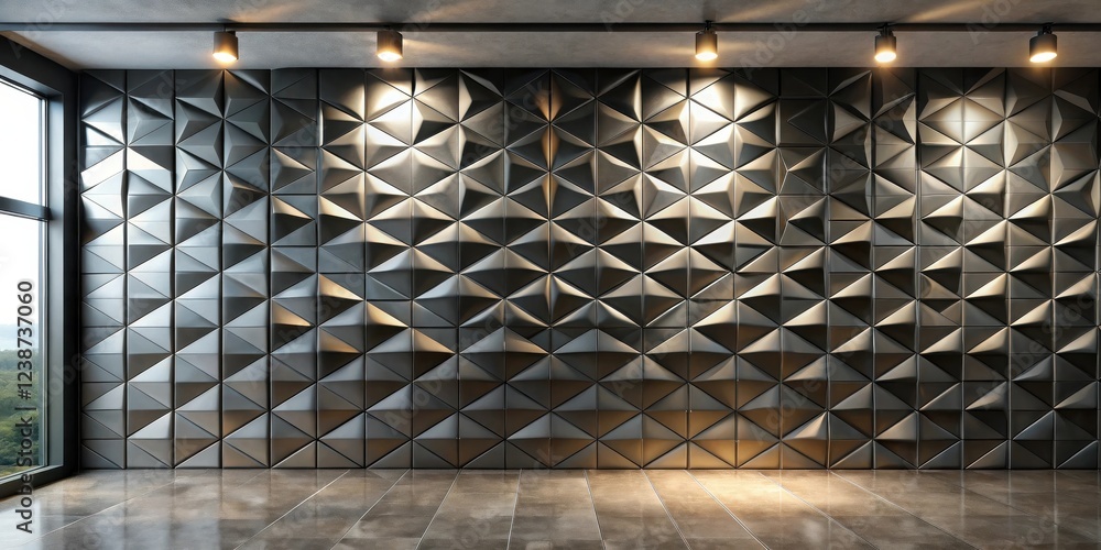 Poster Modern metallic triangular wall paneling in an empty room with recessed lighting and a large window