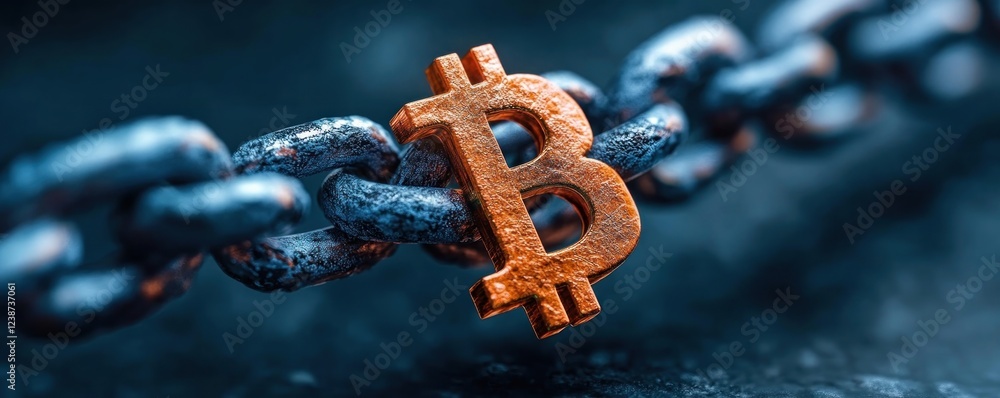 Poster bitcoin chain link concept image for crypto currency and blockchain technology with a close up of th