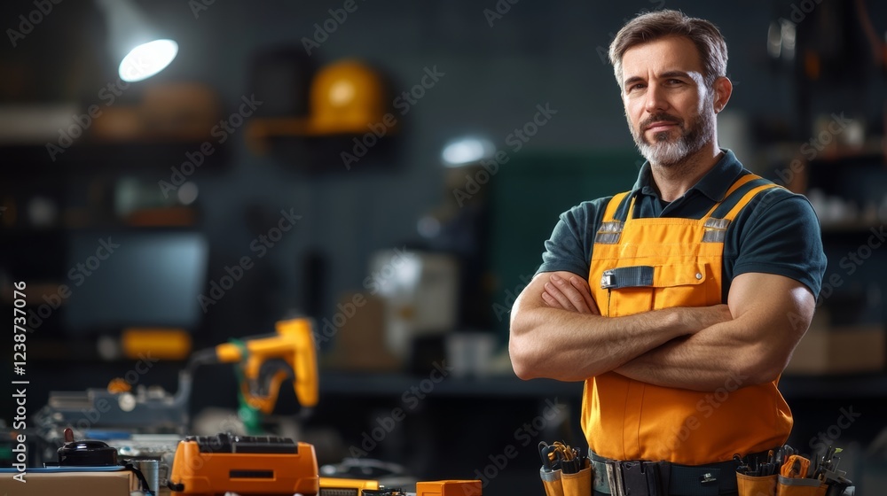 Poster man in a yellow apron stands in front of a workbench with tools. he is wearing a hard hat and has hi