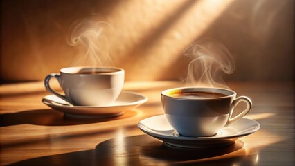 Two steaming cups of coffee on a wooden table bathed in sunlight