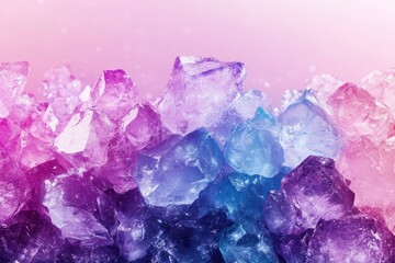 Fototapeta premium A stunning close-up of raw amethyst and quartz crystals displaying a gradient of pink, purple, and blue hues, sparkling under soft light, capturing the intricate details of mineral formations, ideal