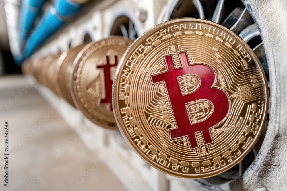 Poster bitcoin cryptocurrency mining farm image showcasing multiple gold coins lined up in an industrial se