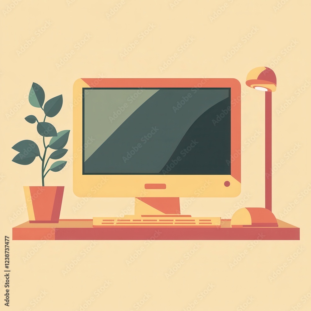 Poster desk with a computer plant and lamp in a minimalist style on a light background