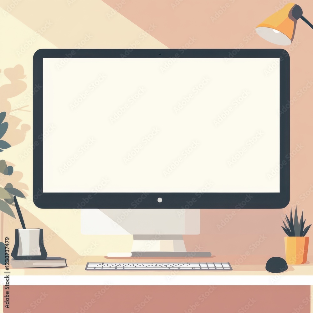 Poster desktop computer setup with blank monitor and workspace arrangement for home office environment