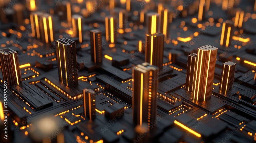 Poster captivating abstract art of an electronic circuit board with glowing gold elements creating a modern