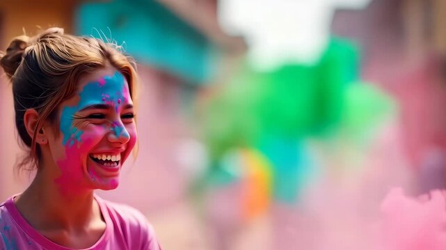 Girl celebrates Holi by throwing pink powder