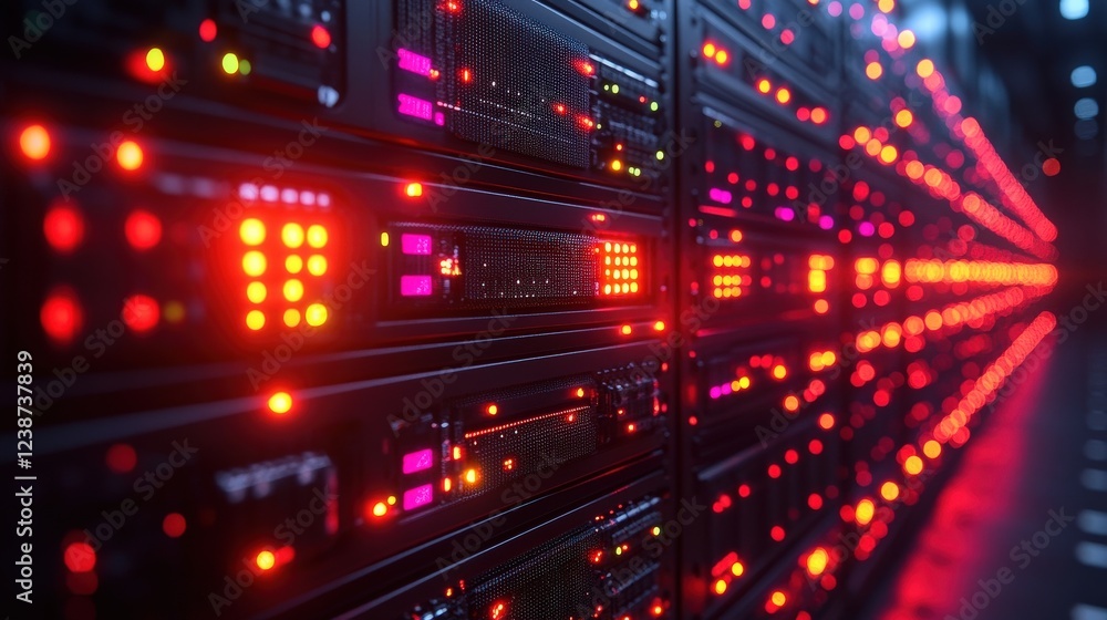 Poster close-up view of a server room filled with illuminated racks of data storage equipment
