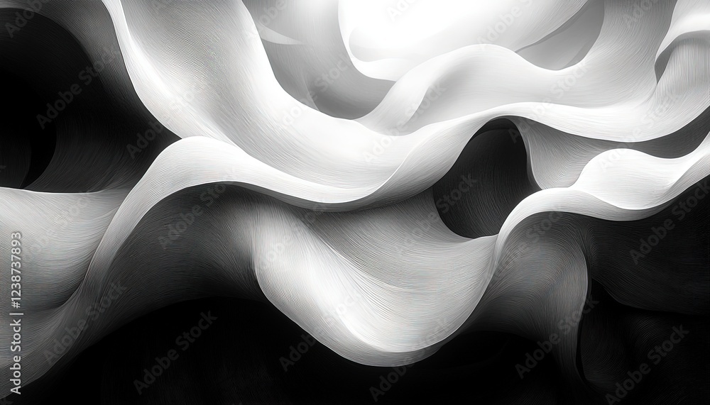 Aufkleber wavy white fabric flows on a black backdrop. potential for abstract design use