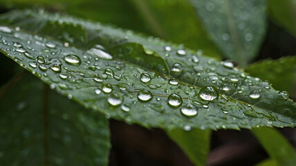 Closeup of raindrops on leaves Guilford Connect Close-up of wet plant leaves forest background,
