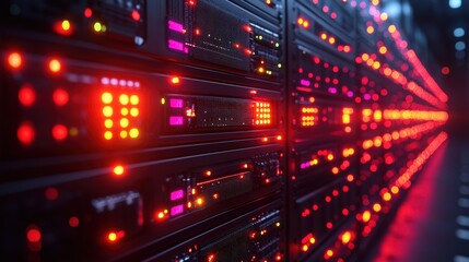 Obraz premium Close-up view of a server room filled with illuminated racks of data storage equipment
