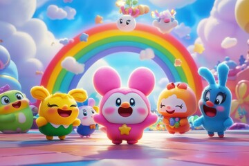 Fototapeta premium Colorful characters celebrate joy under a vibrant rainbow in a whimsical fantasy land filled with playful clouds