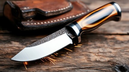 A beautifully crafted knife lies on a rustic wooden table, showcasing its intricate design and shiny blade, highlighting the art of craftsmanship in  contemporary knife making.