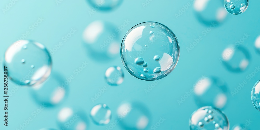 Poster material science nano concept. floating bubbles on a soft blue background.