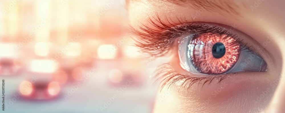 Poster close-up of a human eye with a unique reddish iris and defocused background, creating a surreal and 