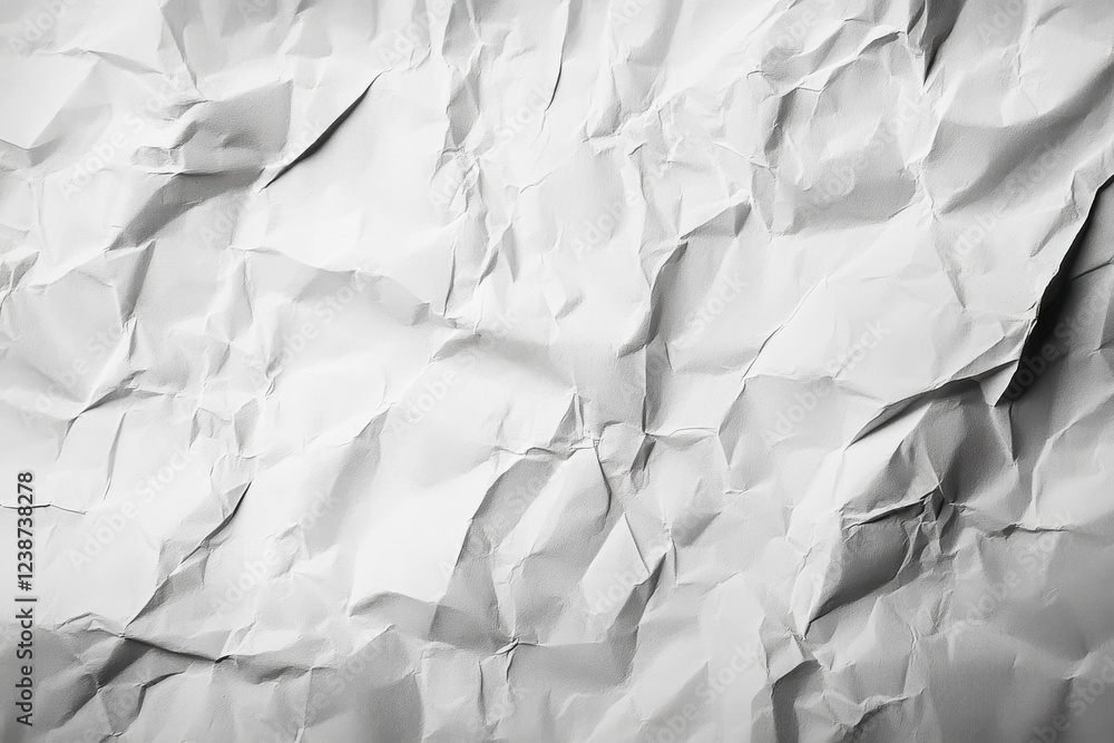 Poster crumpled white paper texture with intricate creases and folds appearing rough and chaotic in natural