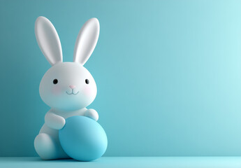 Obraz premium A small white bunny with long ears sits on a smooth surface, gently clutching a blue egg. The soft pastel background adds a cheerful spring atmosphere to the delightful display