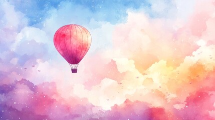 Obraz premium A hot air balloon drifts gracefully through a sky painted with pastel shades. The clouds create a tranquil backdrop, enhancing the calm atmosphere