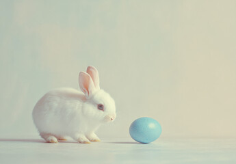 Obraz premium A small white bunny is curiously observing a pastel blue egg, creating a playful atmosphere typical of spring festivities. The soft colors enhance the cheerful mood of the moment