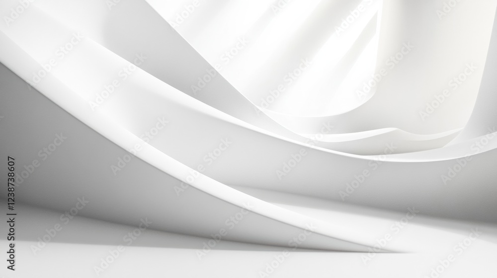 Poster flowing white abstract curves with light and shadow creating depth and perspective on a minimalistic