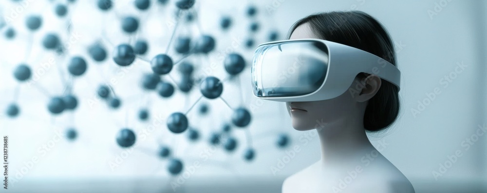 Poster material science nano concept. futuristic woman using virtual reality headset with abstract backgrou