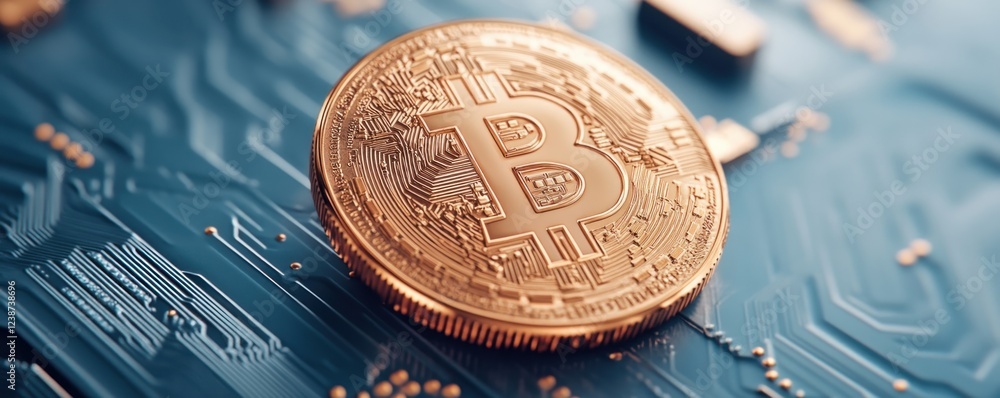Poster close up image of a gold coin with a 'b' symbol resting on a blue circuit board, representing digita