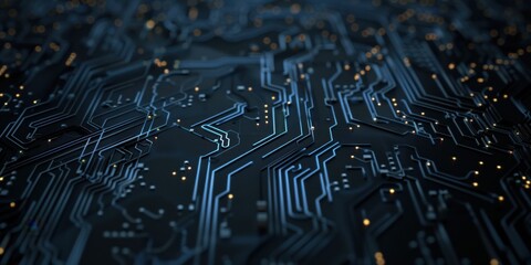 A deep black surface with minimalist, glowing circuit patterns, Structured and intricate composition