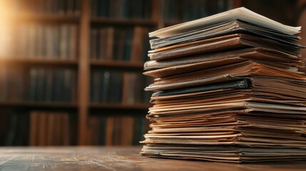 An organized stack of files resting on a rustic wooden table, symbolizing the importance of documentation and order in daily work life.