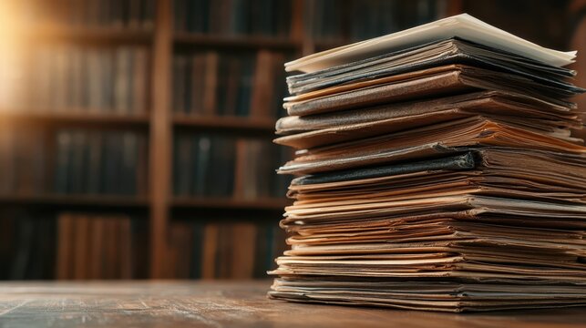 An organized stack of files resting on a rustic wooden table, symbolizing the importance of documentation and order in daily work life.