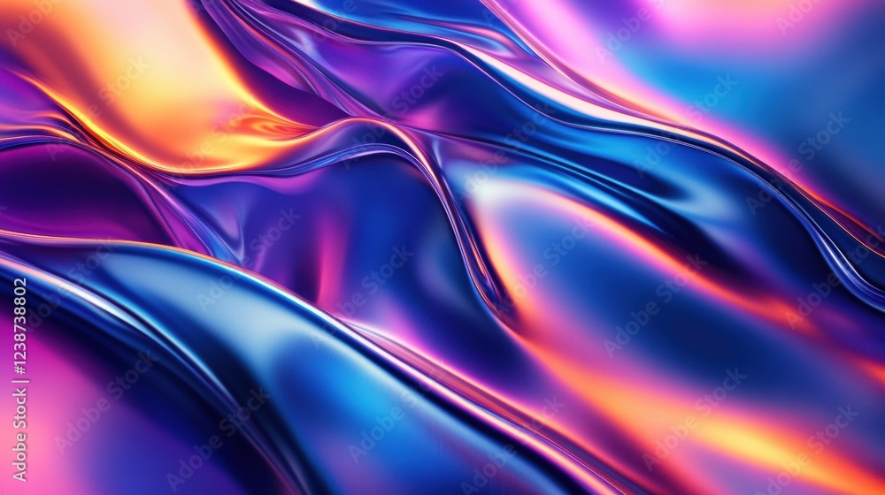 Poster fluid abstract wavy metallic surfaces with dynamic colorful light reflections and shimmering texture