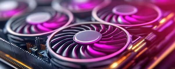 Close up view of a high-end computer graphics card, showing multiple cooling fans with a futuristic and vibrant purple glow, perfect for gaming setups, data processing, crypto mining, artificial