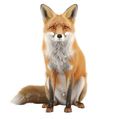 Curious red fox sitting attentively with impressive bushy tail and pointed ears