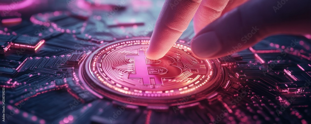 Poster digital currency technology abstract concept featuring a finger touching a glowing crypto coin on a 