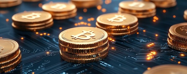Digital Gold An Illustration of Stacks of Gold-Colored Coins with a Symbol, Depicting the Concept of Cryptocurrency, Bitcoin, Finance, Investment, Blockchain Technology, Virtual Currency