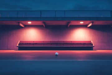 Baseball lying on ground near empty dugout at night