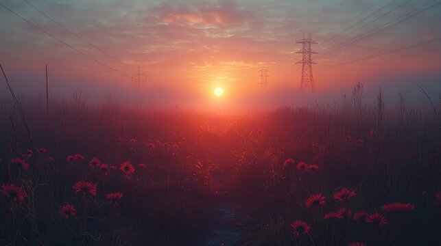 Misty sunrise over wildflowers and power lines. - Powered by Adobe